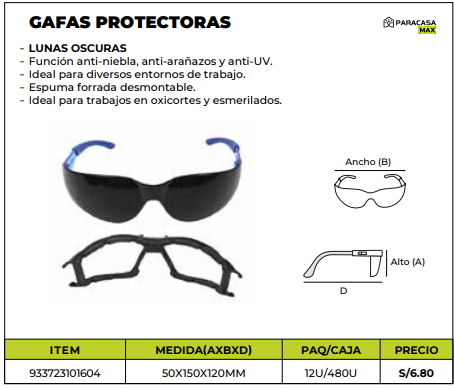 Gafas Protectoras Oscuras Anti-Niebla y Anti-UV Desmontables