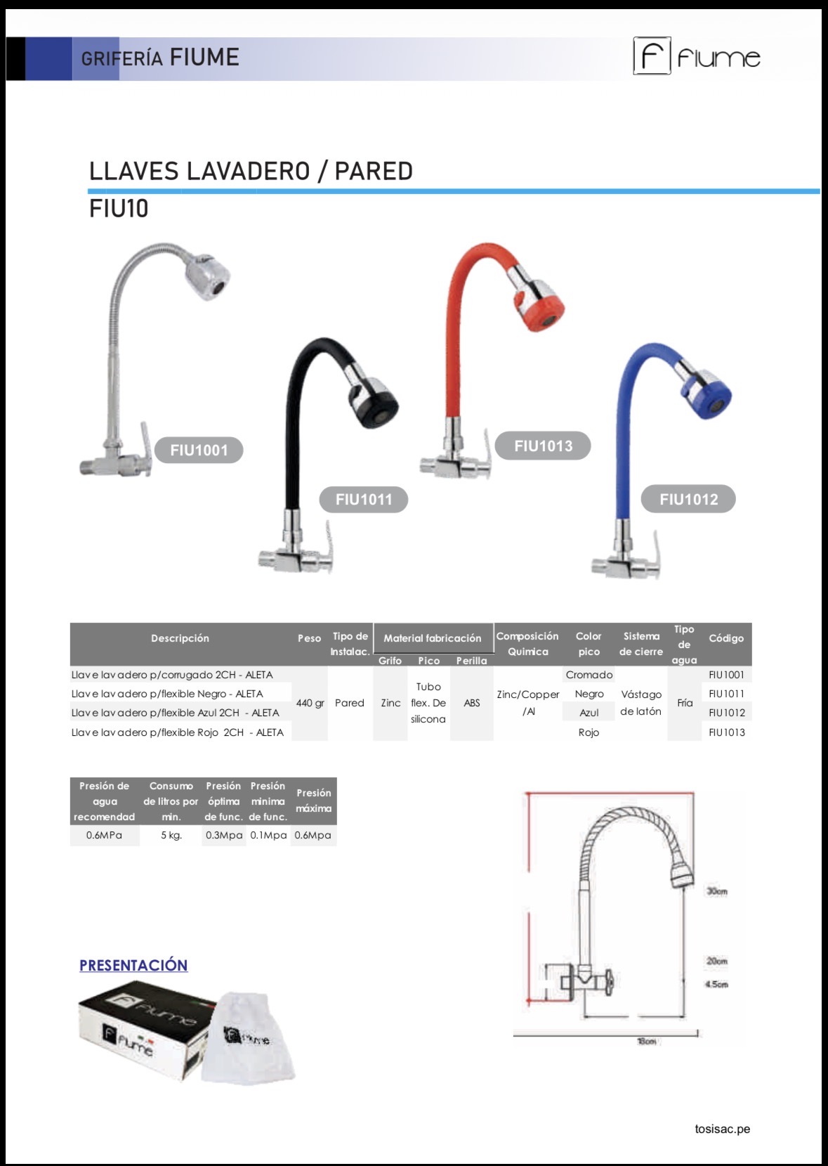 Grifería Fiume FIU10: Llave Lavadero Flexible de Pared