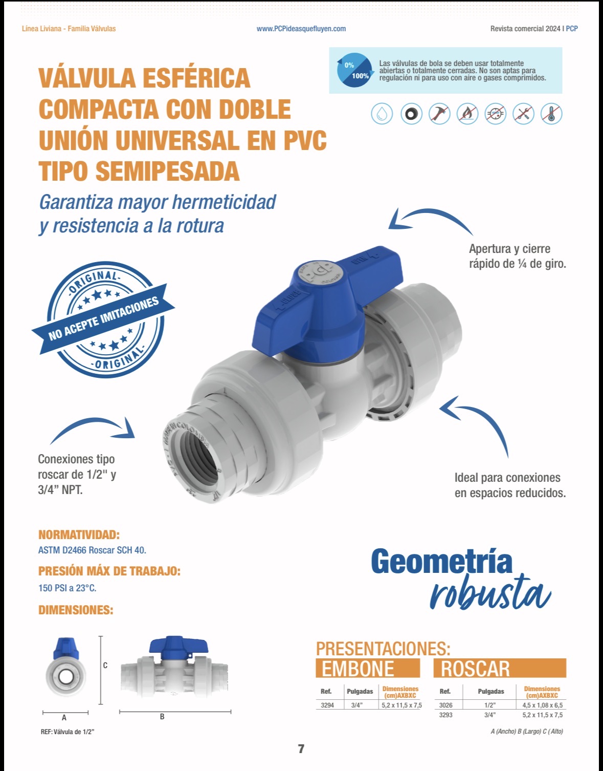 Válvula Esférica PVC Compacta Doble Unión Universal